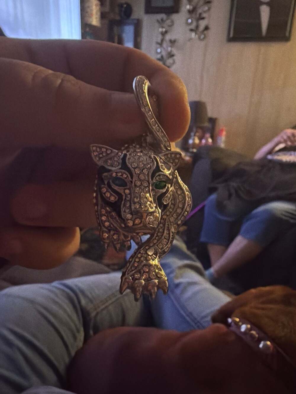 Large Silver Tone Rhinestone Panther Head Statement Pendant with Green Eyes
